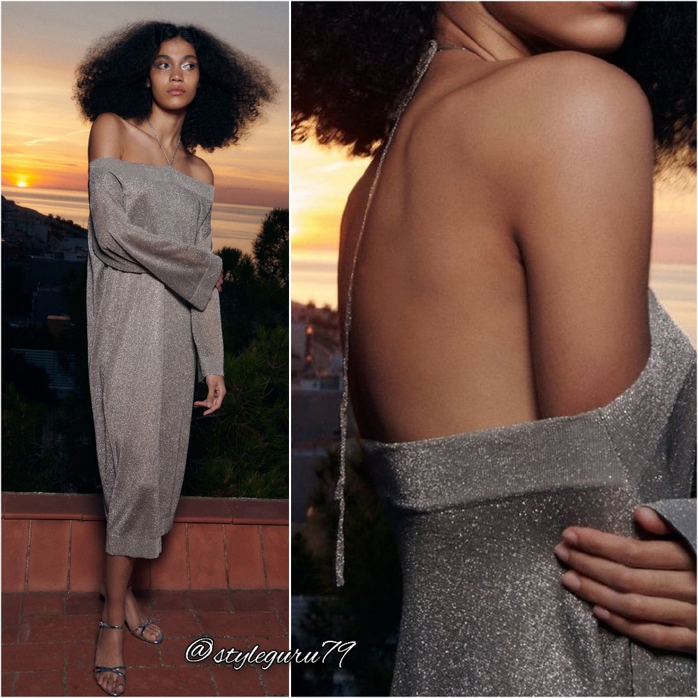 NWT, ZARA, KNIT METALLIC SHIMMER HALTER MIDI DRESS IN SILVER - Picture 1 of 3